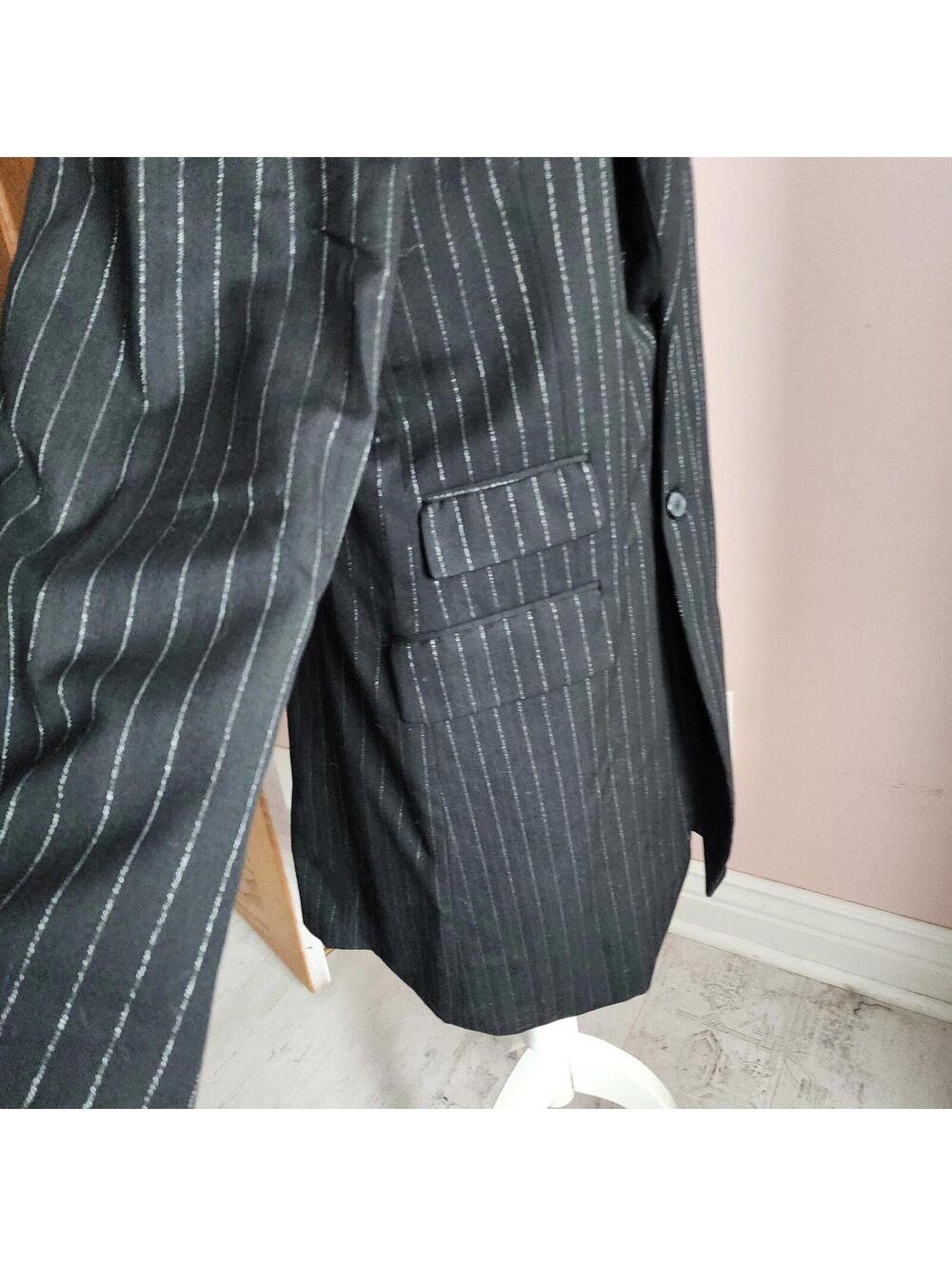 GRIFFIN Melbourne Black Pinstripe Long Wool Blazer Metallic Thread M L - Picture 7 of 9